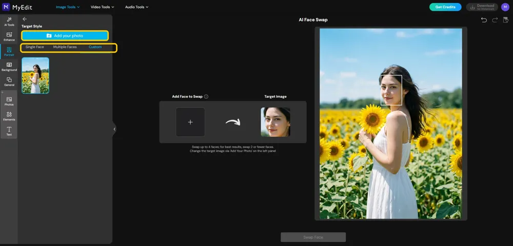 A face uploaded to swap onto a custom sunflower-field photo
