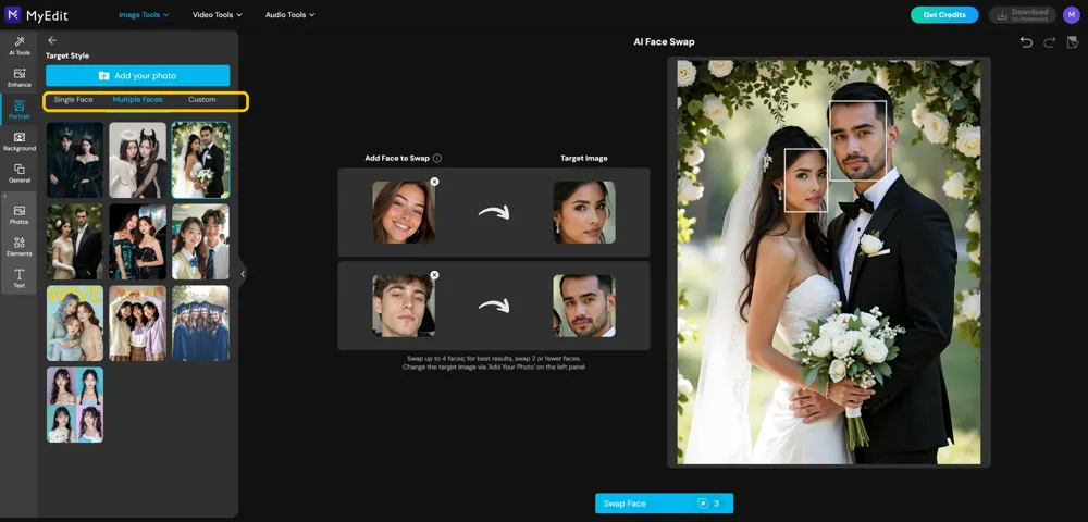 Two source faces matched to a wedding-couple target before swapping