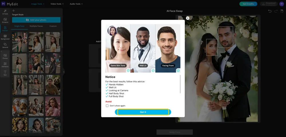 MyEdit's Notice dialog with example faces and a best-results checklist, the Got it button boxed