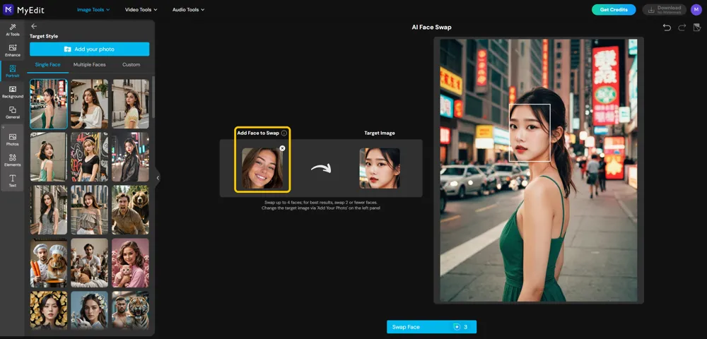 A face uploaded under Add Face to Swap, with a template chosen as the target