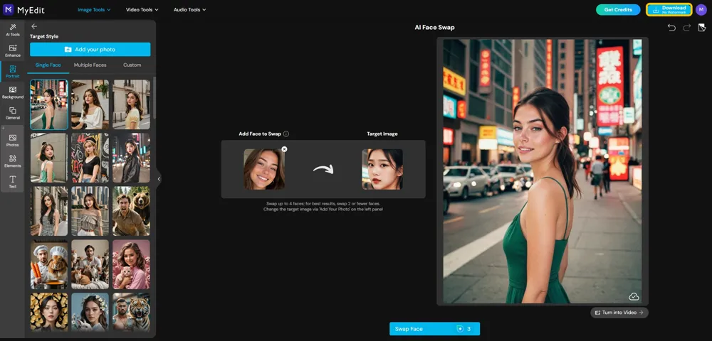 Finished face swap result with Download and Turn into Video options