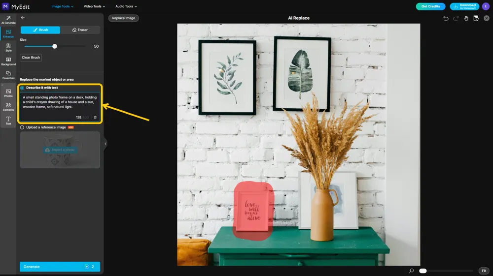 The Describe it with text option selected with a typed description of a crayon drawing in a wooden frame