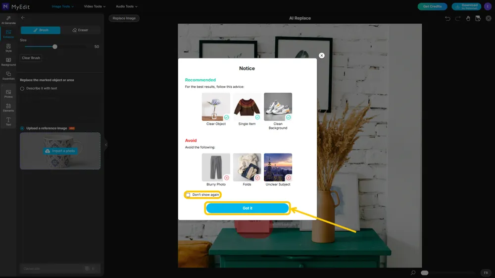 MyEdit's Notice dialog with recommended and avoid examples, the Don't show again checkbox and the Got it button highlighted