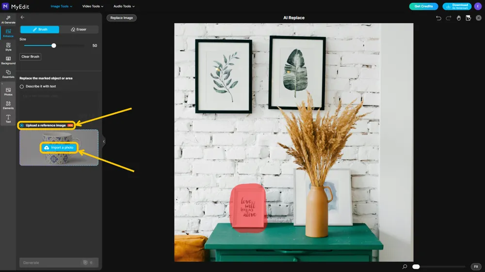 The Upload a reference image option selected, with the Import a photo button highlighted in the upload area