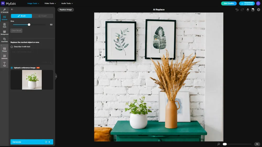 The result on the canvas, the white potted plant from the reference photo standing on the green side table