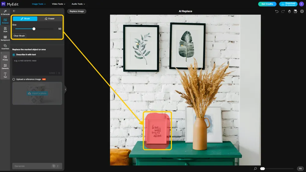 The brush controls highlighted on the left and a red mask painted over the small photo frame on the canvas