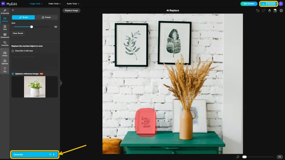 The reference photo loaded in the panel with the Generate button highlighted at the bottom left and the Download button highlighted at the top right
