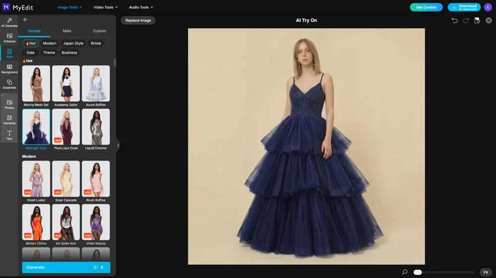 AI Try On result, the same model in a navy tiered tulle gown