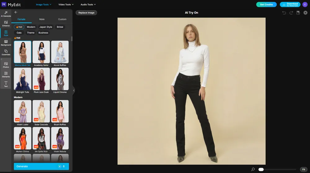 Starting photo, model in a white turtleneck and black jeans