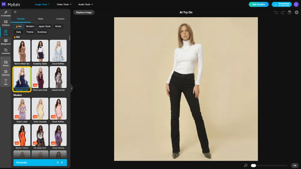 Midnight Tulle style selected on the Female tab