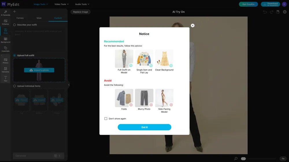 MyEdit's Notice dialog showing recommended and avoid photo examples