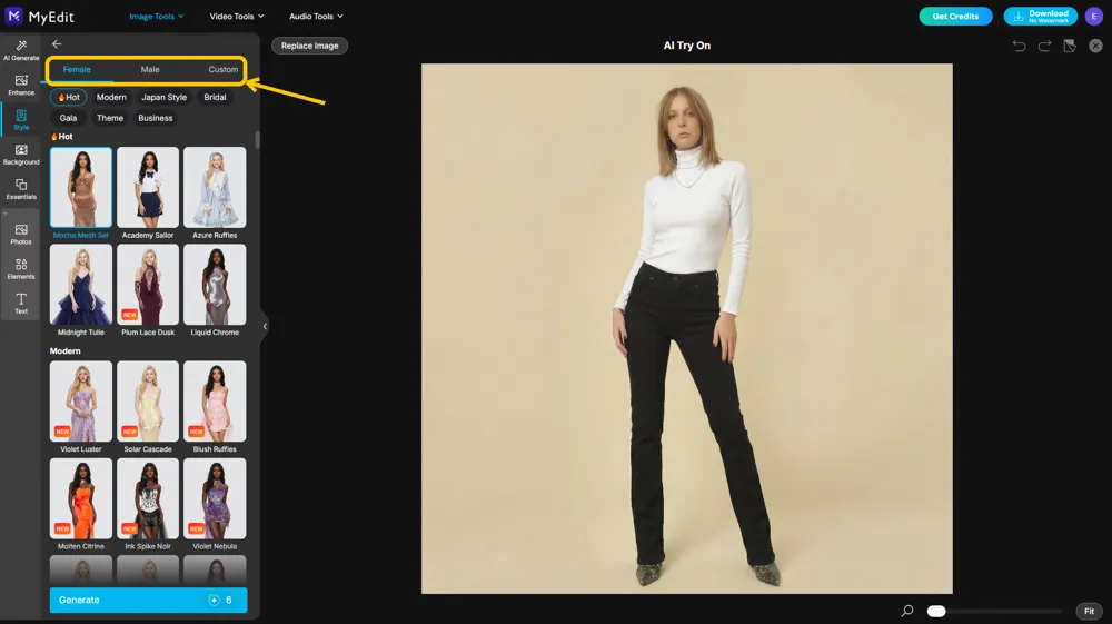 AI Try On open with a model loaded and the Female, Male, and Custom tabs highlighted