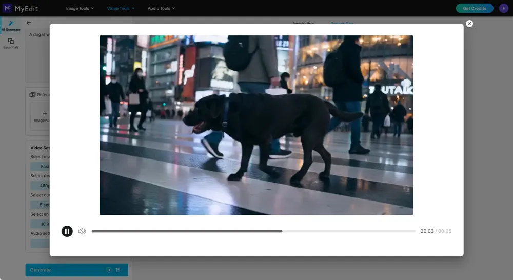 The finished clip playing full size in MyEdit's preview window, a dog crossing a neon-lit street