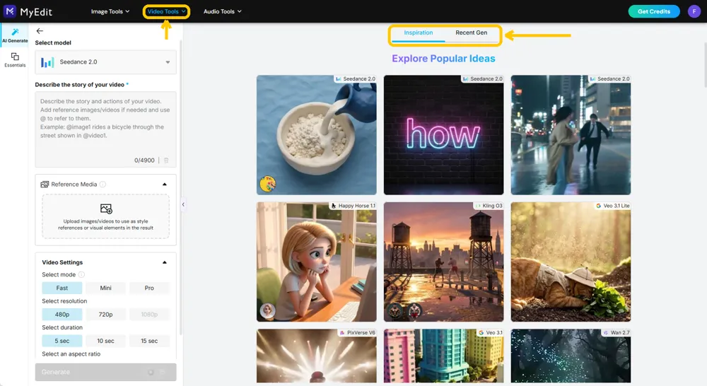MyEdit's AI Video Generator open, with the Video Tools menu and the Inspiration and Recent Gen tabs highlighted