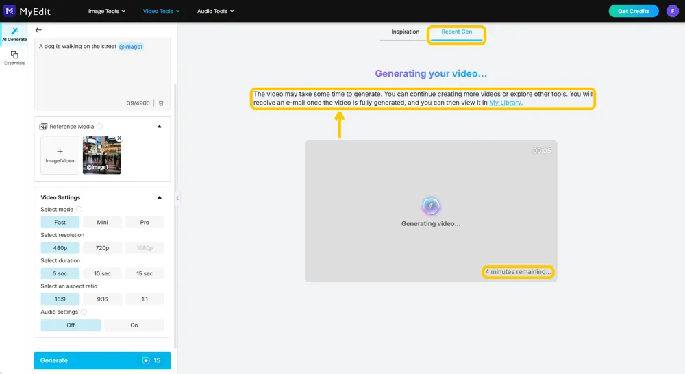 The Recent Gen tab showing a video still generating, with the status message and the estimated time remaining highlighted