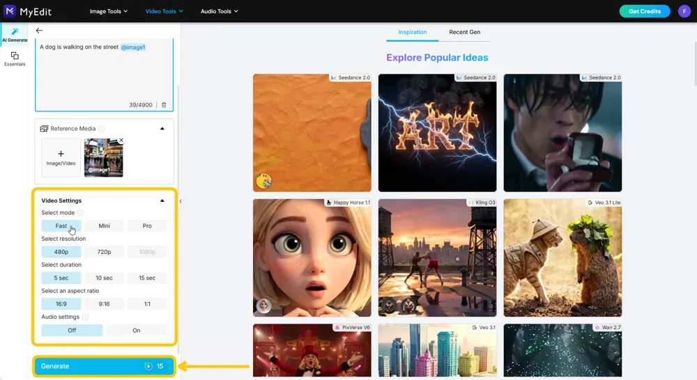 The Video Settings panel with mode, resolution, duration, aspect ratio and audio rows, and the Generate button highlighted