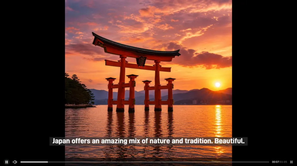 The finished video story playing full screen in MyEdit, a sunset shot of the floating torii gate with a subtitle across the bottom