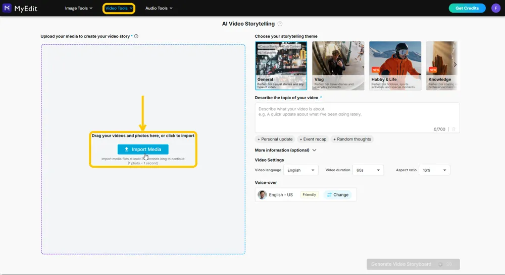 MyEdit AI Video Storytelling open in a browser with the Video Tools menu and the Import Media drop area highlighted