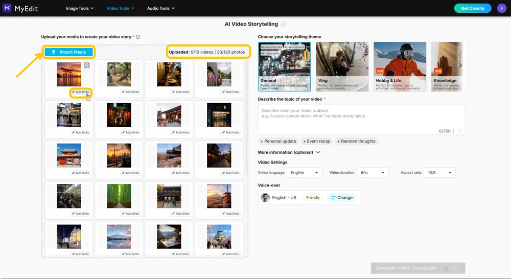 Thirty imported photos filling the media panel, with the Import Media button, the uploaded counter, and one thumbnail's Add hints button highlighted