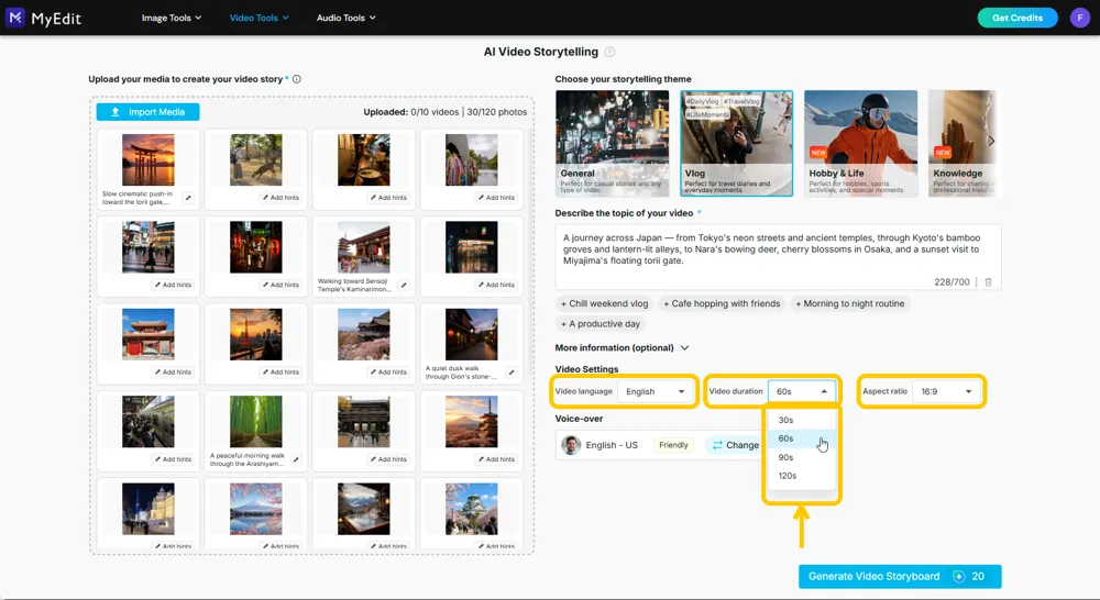 Video Settings with the Video language and Aspect ratio dropdowns highlighted and the Video duration list open on 30, 60, 90 and 120 seconds