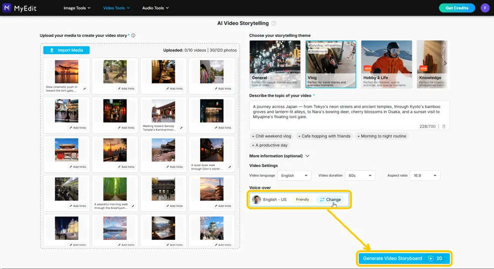 The Voice-over card with its Change button highlighted and an arrow leading to the Generate Video Storyboard button