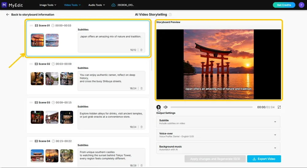 The AI Video Storytelling storyboard with the first scene card highlighted and the Storyboard Preview player highlighted on the right