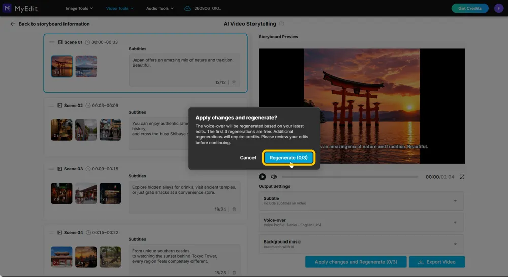 MyEdit's confirmation dialog explaining that the voice-over will be regenerated, with the Regenerate button highlighted