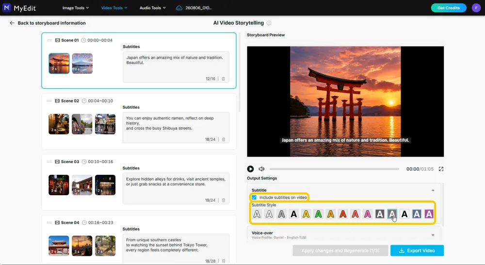 The Subtitle panel open with the Include subtitles on video checkbox and the row of subtitle styles highlighted
