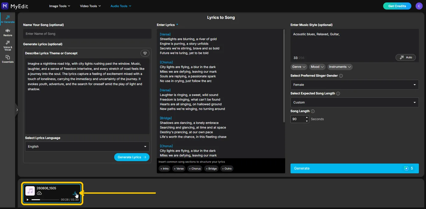 The finished song card with the download arrow on the right and the play control at the bottom left