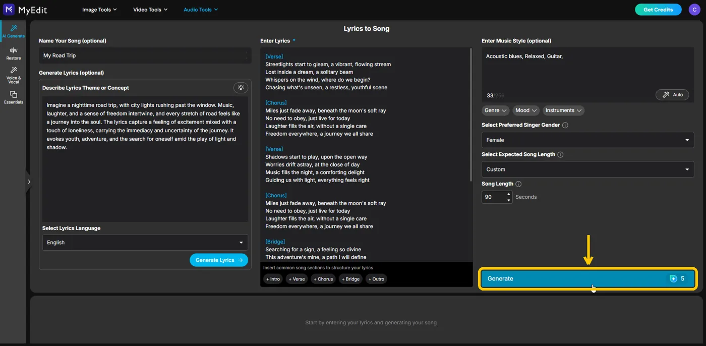 The Generate button at the bottom of the settings column highlighted