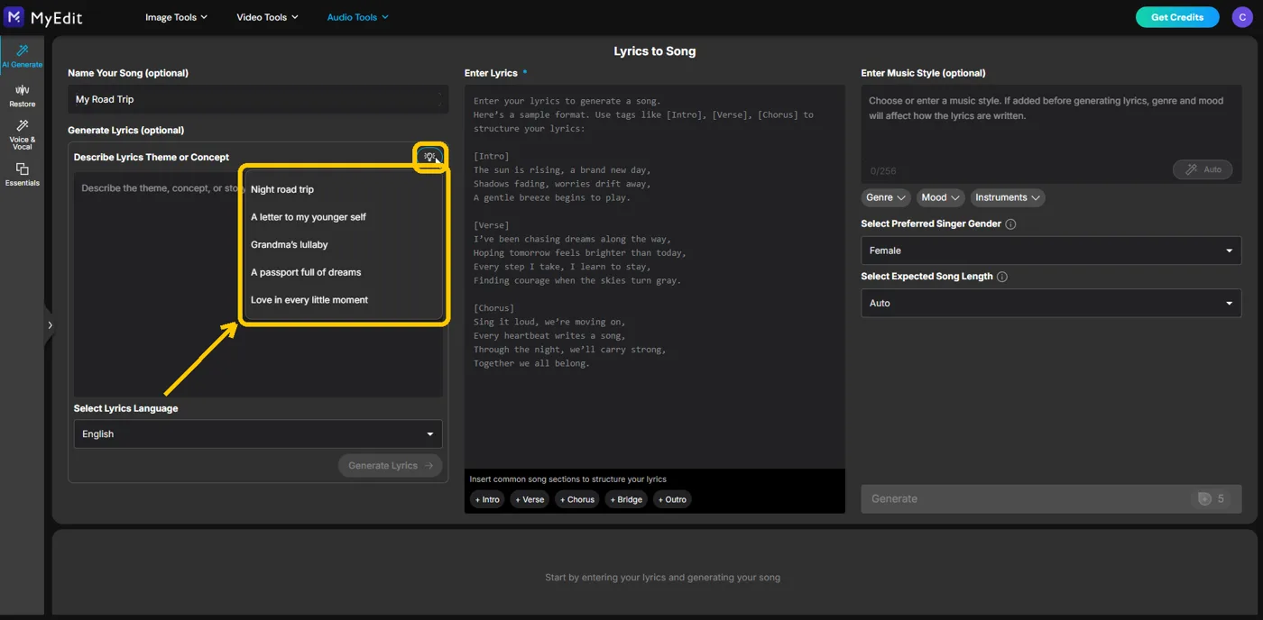 The bulb icon clicked open, showing five suggested lyric themes above the theme box