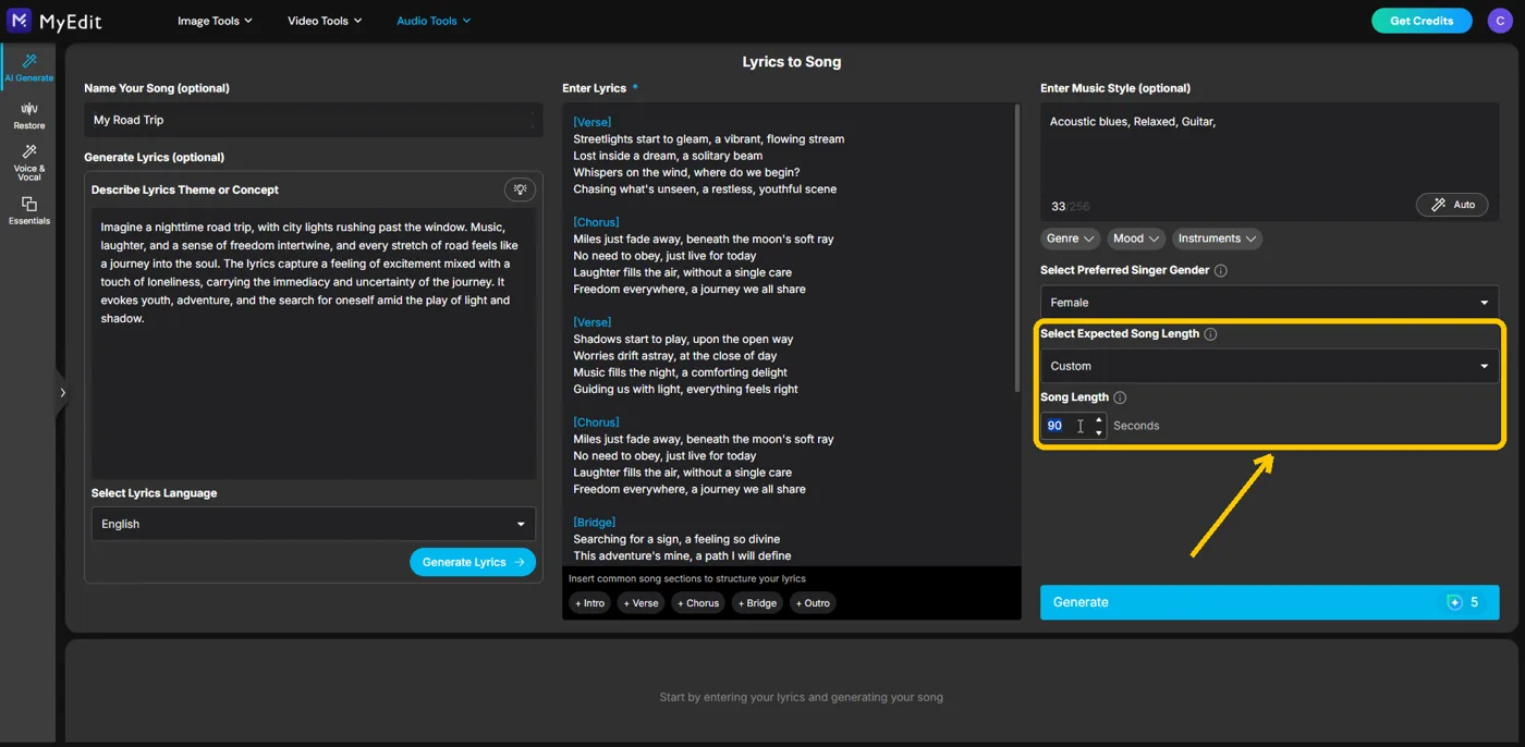 Select Expected Song Length set to Custom with a Song Length of 90 seconds