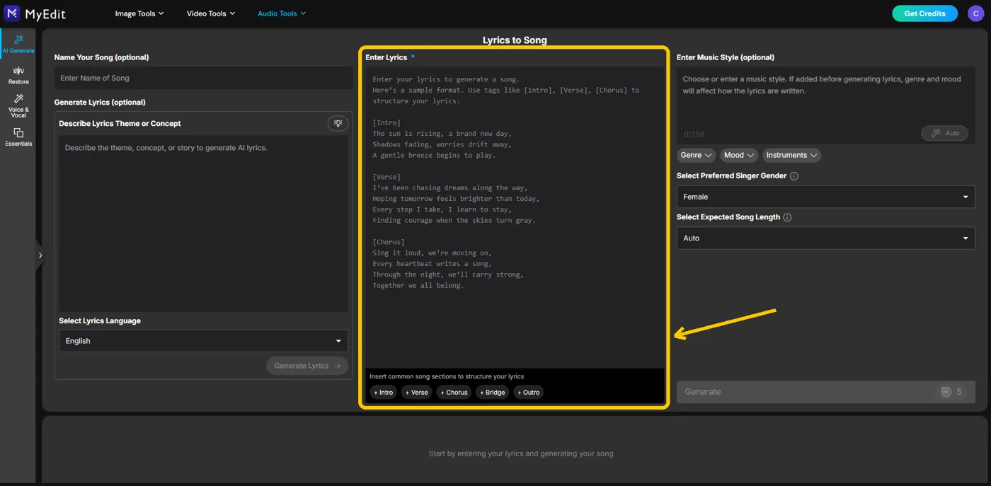 The Enter Lyrics column showing MyEdit's sample lyric format and the section tag buttons underneath it