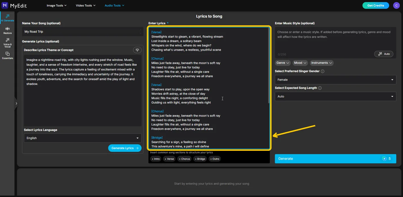 Generated lyrics filling the Enter Lyrics column, with verse, chorus and bridge tags in place