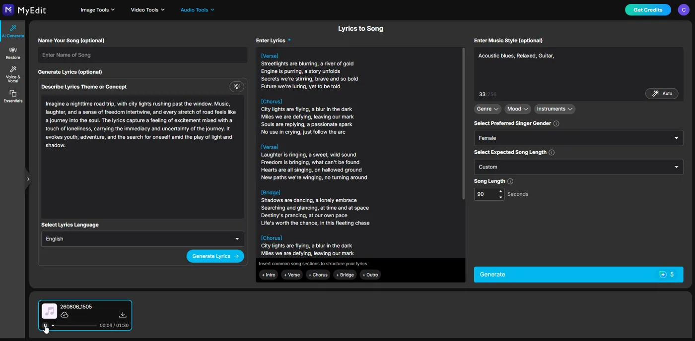 The finished song playing in the player tray at the bottom of the Lyrics to Song workspace