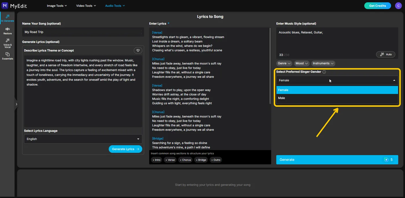 The Select Preferred Singer Gender dropdown open with Female and Male listed