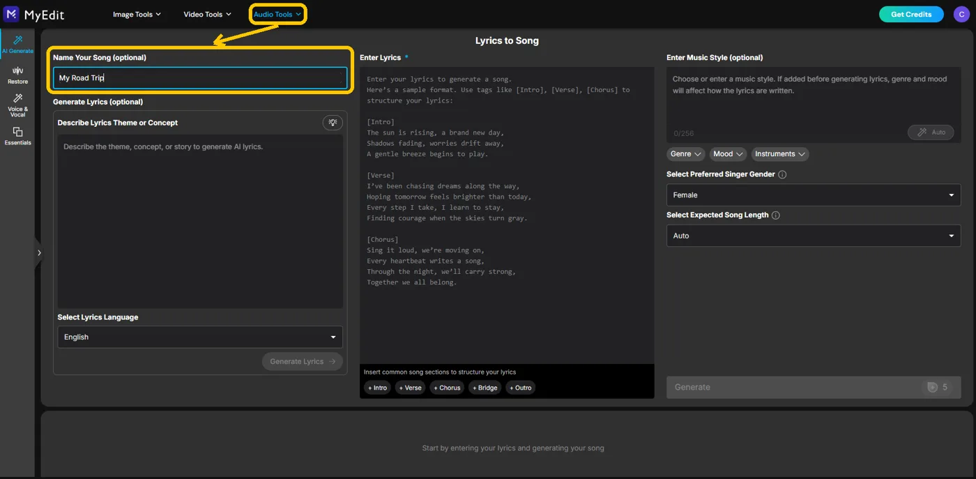 Lyrics to Song open in MyEdit with the Audio Tools menu and the Name Your Song field highlighted