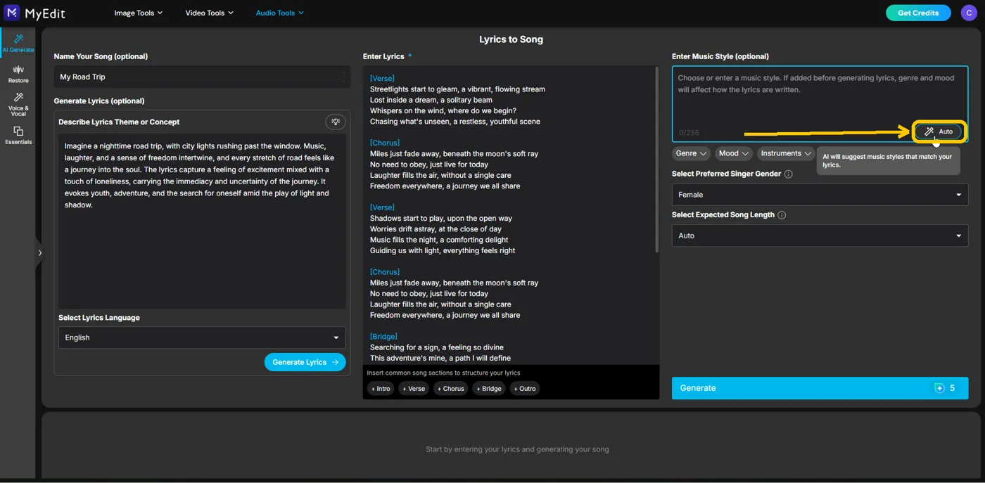 The Auto button in the music style box highlighted, with its hint about suggesting styles that match your lyrics