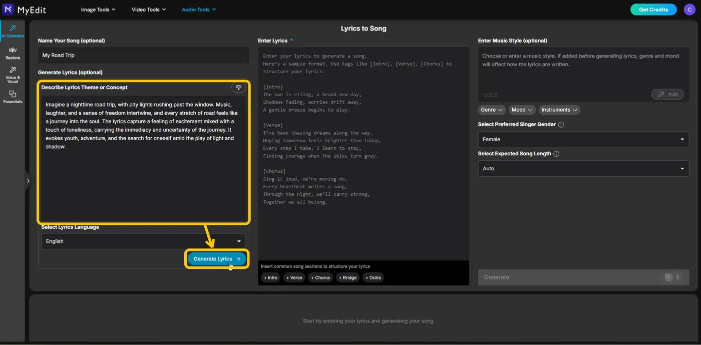 A theme typed into Describe Lyrics Theme or Concept with the Generate Lyrics button highlighted