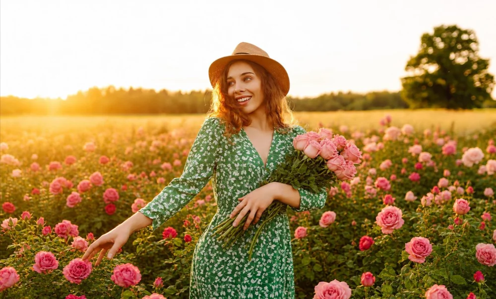 The same photo after one chat edit, the lavender field replaced by blooming pink roses