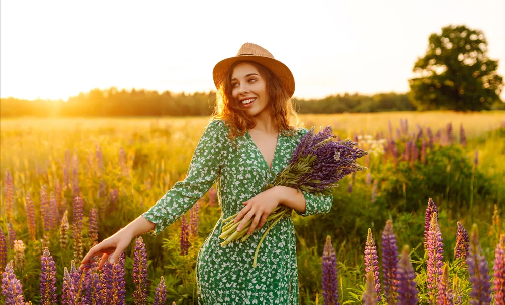 The photo we started with, a woman in a green dress in a field of purple lavender at sunset