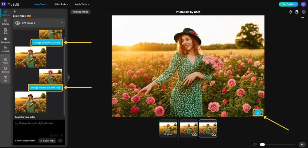 The finished photo with a black hat and roses, both prompts visible in the history panel and the download button highlighted