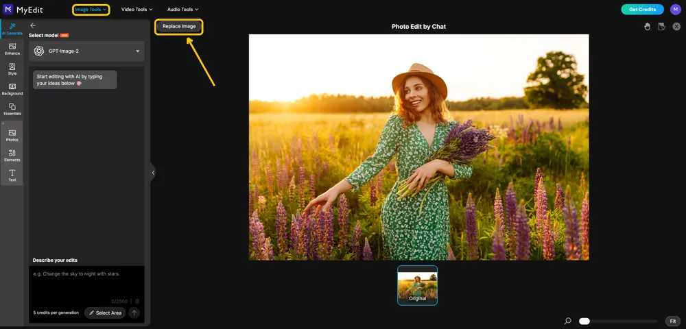 Photo Edit by Chat open in MyEdit with the Image Tools menu and the Replace Image button highlighted