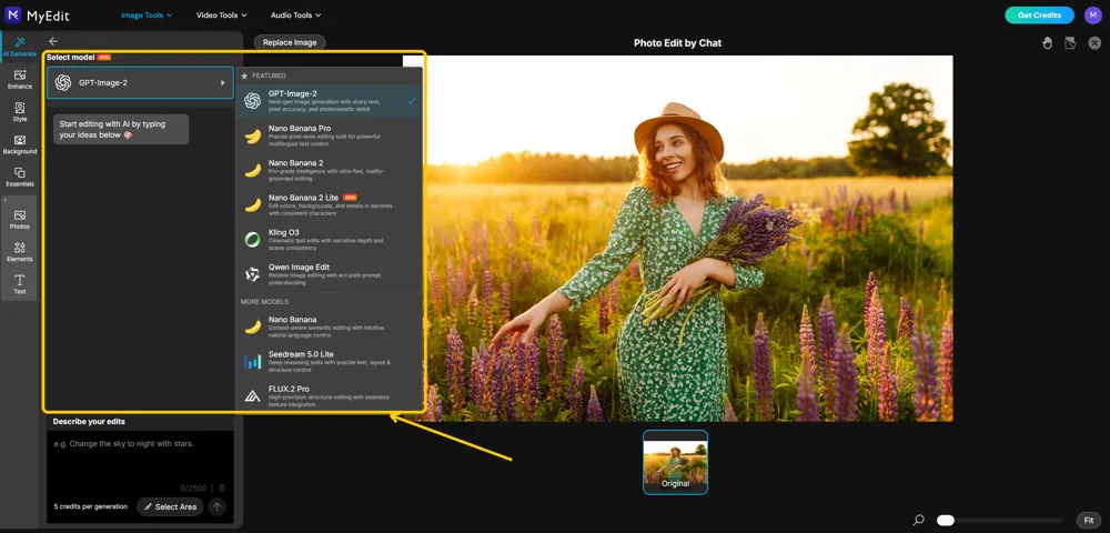 The Select model dropdown open in Photo Edit by Chat, listing image models with a one-line description each