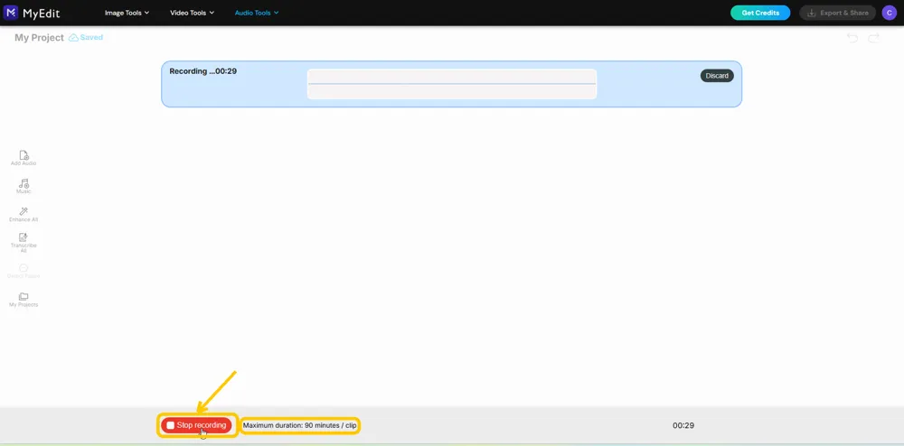 A recording in progress with Stop recording and the 90 minutes per clip limit highlighted