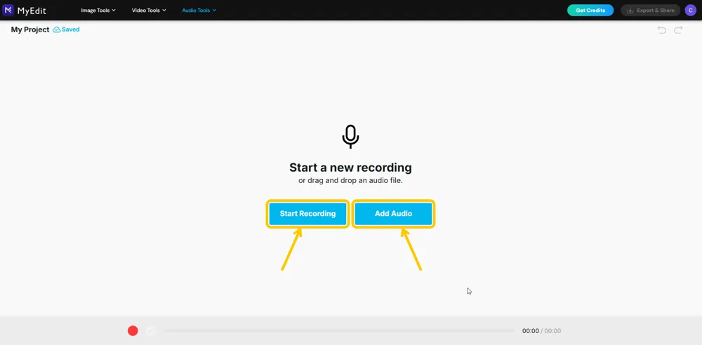 The empty project with the Start Recording and Add Audio buttons highlighted