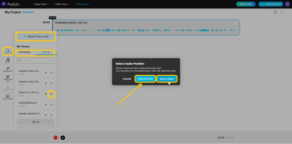 The Add Audio library with Import From Local, the Recordings and Uploads tabs, an add button and the Select Audio Position dialog highlighted