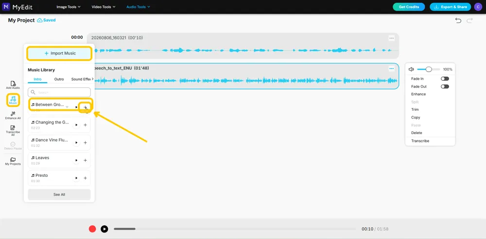 The Music library on the Intro tab with Import Music, the tab row and a track's add button highlighted