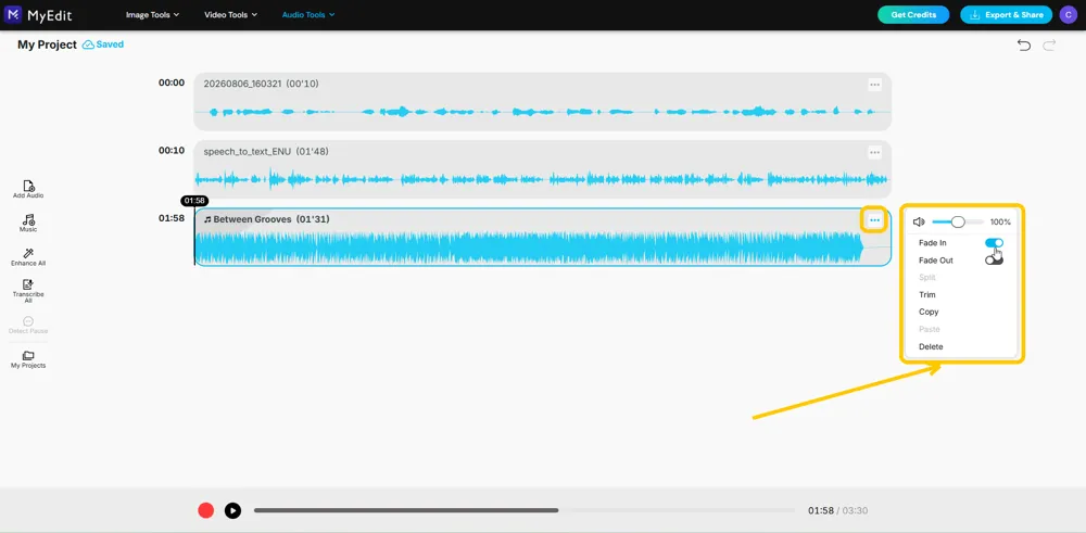 A clip's three dots button and its menu highlighted, showing volume, Fade In, Fade Out, Split, Trim, Copy and Delete