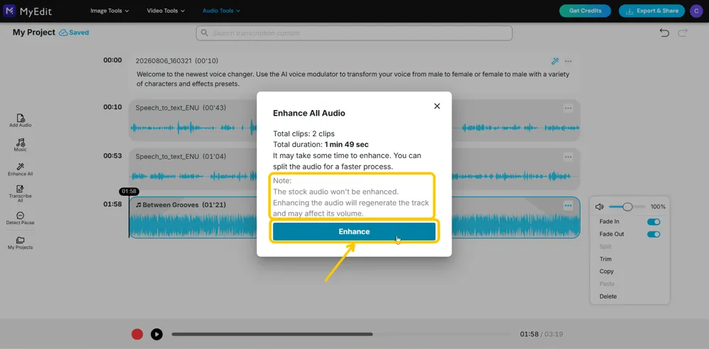 The Enhance All Audio summary with its note about stock audio and the Enhance button highlighted